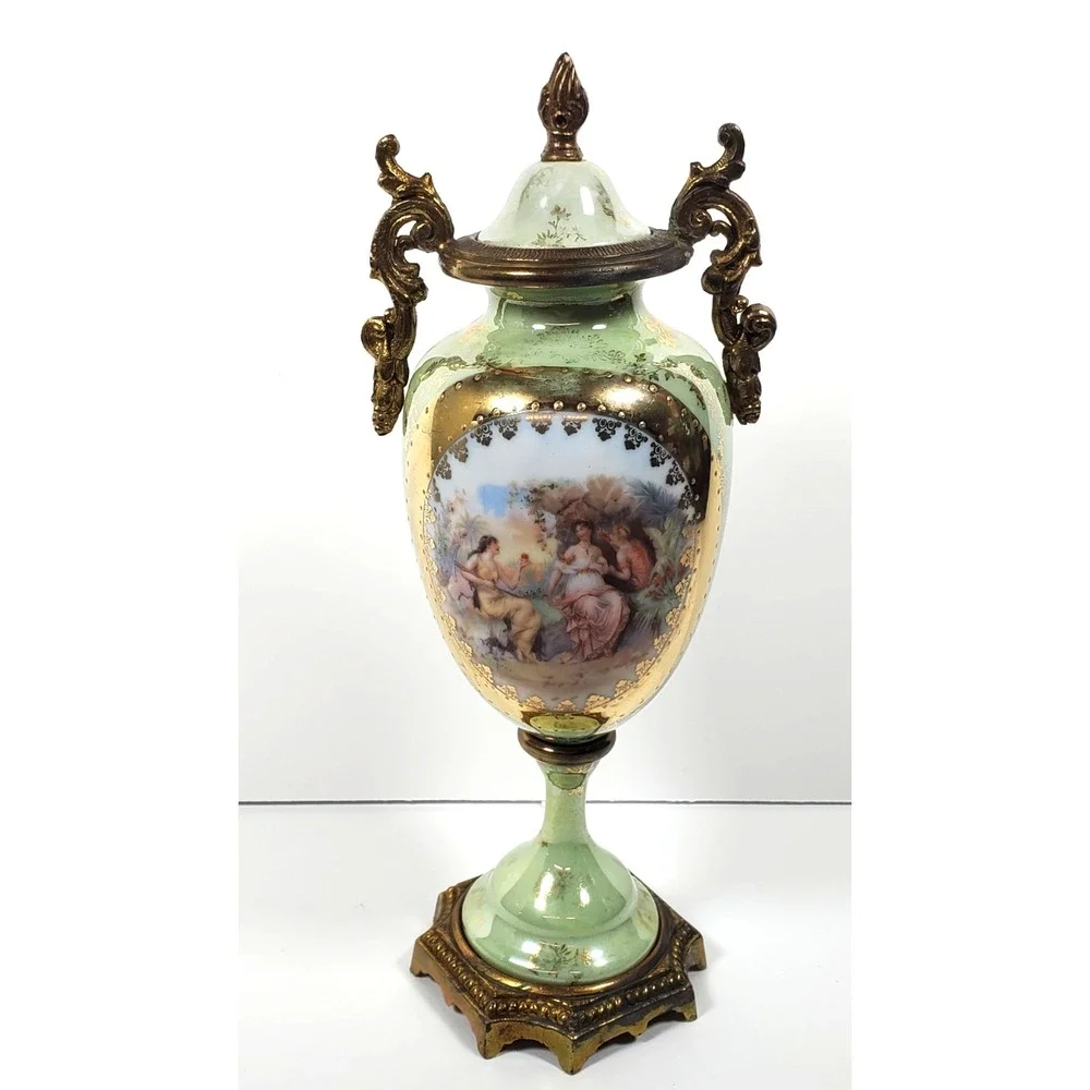 Antique French Sevres Style Urn Vase Porcelain Marked Lid Hand-Painted